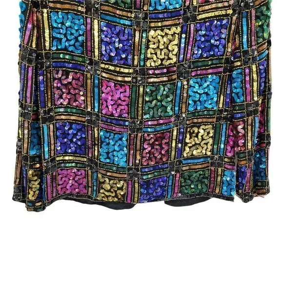 Vtg 80's Leslie Fay Formal Silk Rainbow Geometric Stained Glass Sequin Blazer Sz - Picture 8 of 10